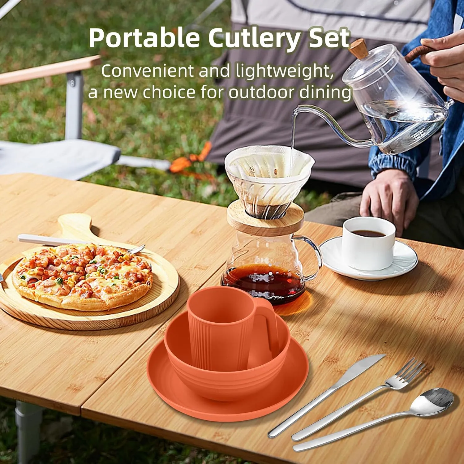 Camping Utensils Set for 2 Portable Wheat St Mess Kit with Bowl Plate Cup Fork Spoon Tableware and Picnicware