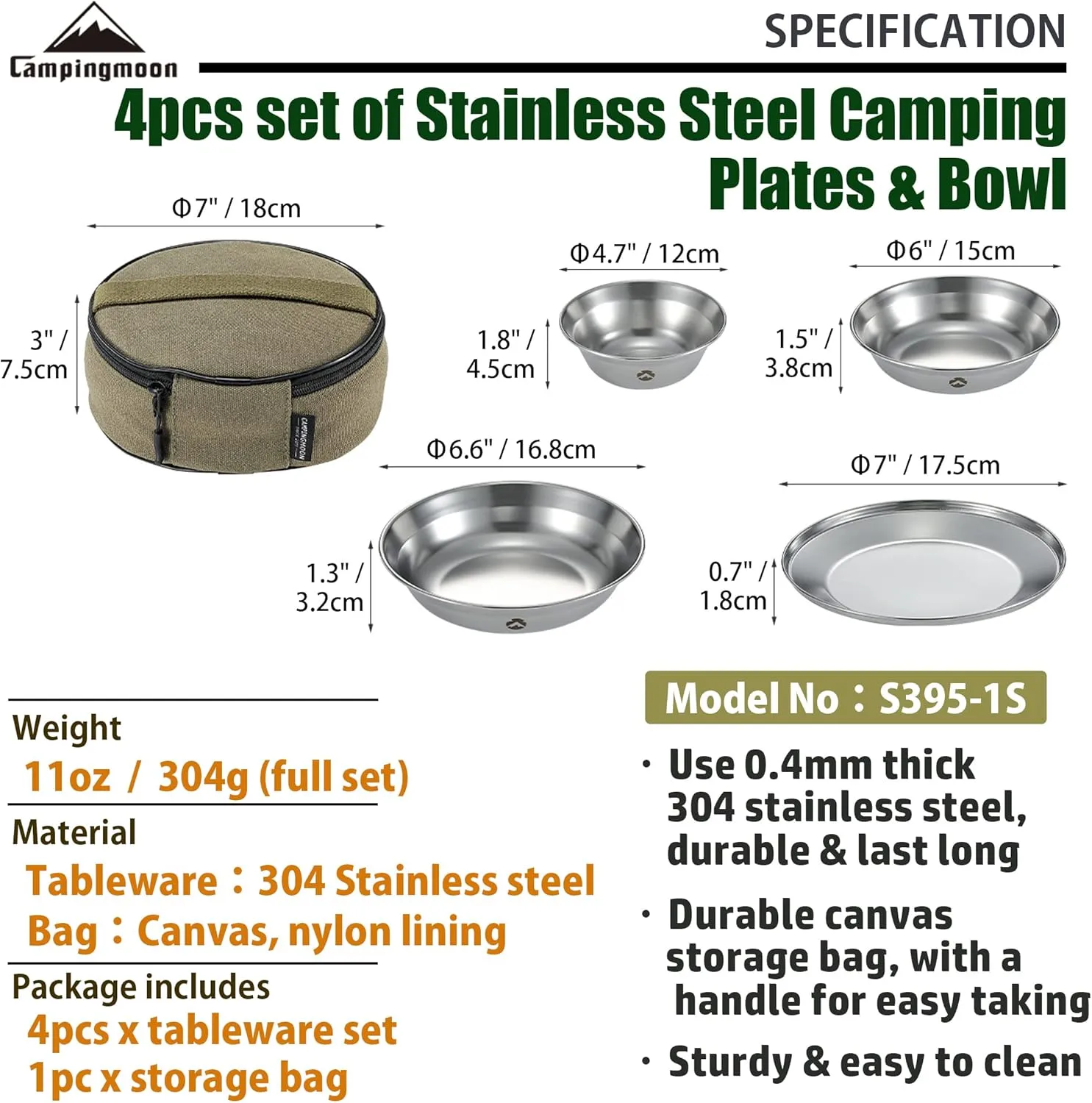CAMPINGMOON Camping Plates Set Stainless Steel Dishwasher Safe Kitchenware S395