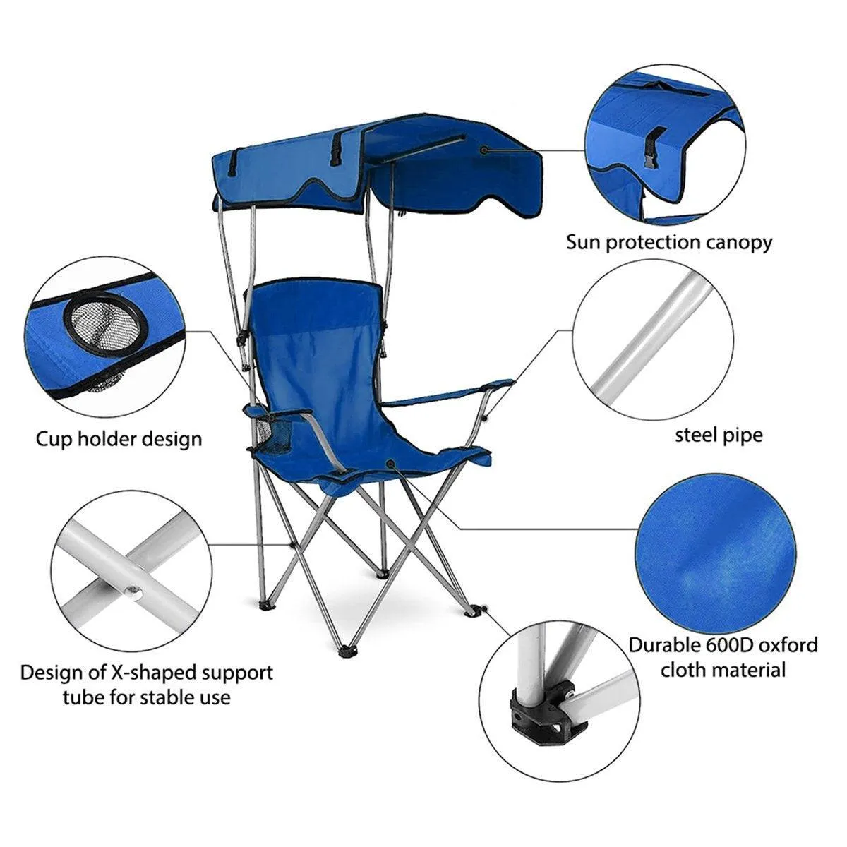 Canopy Chair Foldable W/ Sun Shade Beach Camping Folding Outdoor Fishing Blue