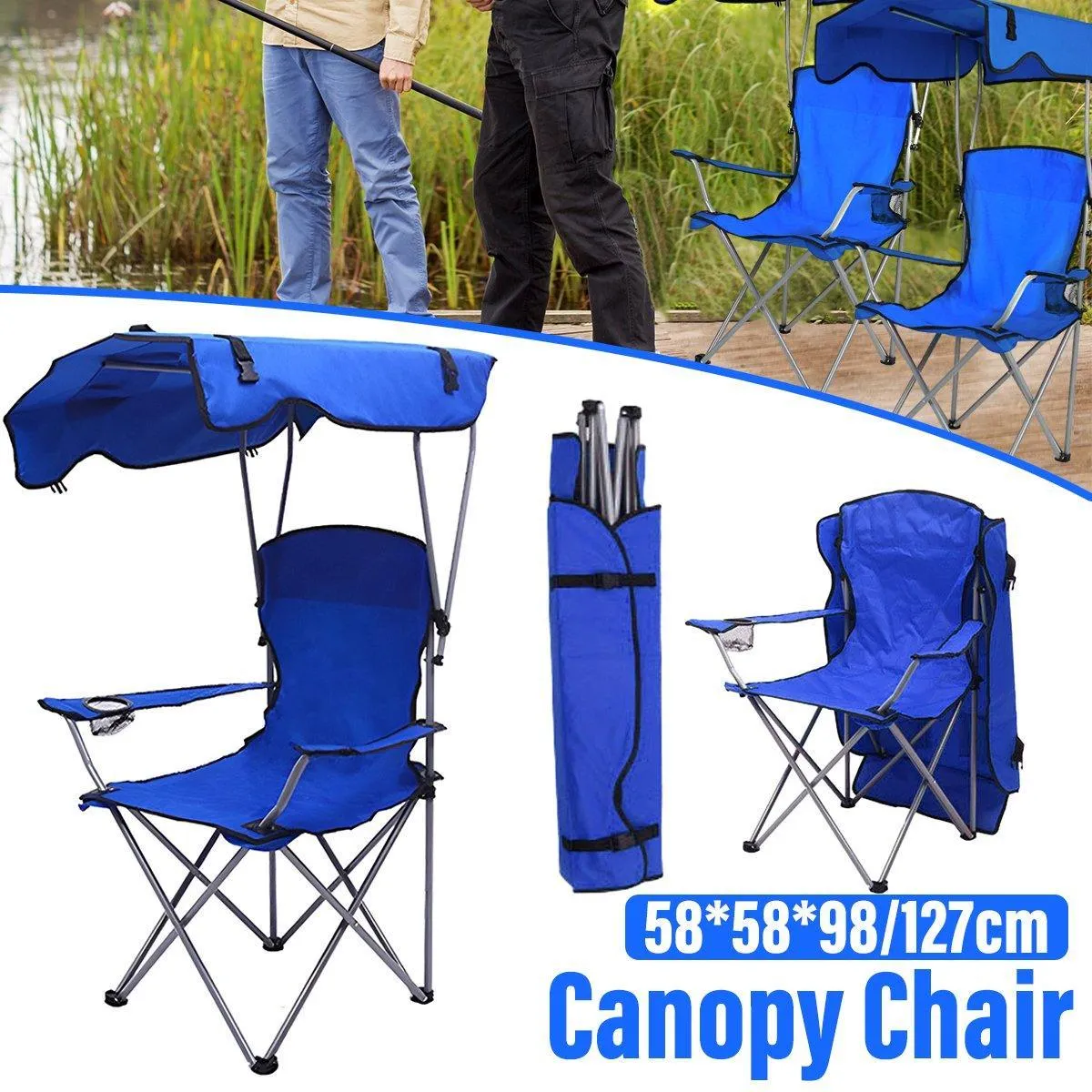 Canopy Chair Foldable W/ Sun Shade Beach Camping Folding Outdoor Fishing Blue