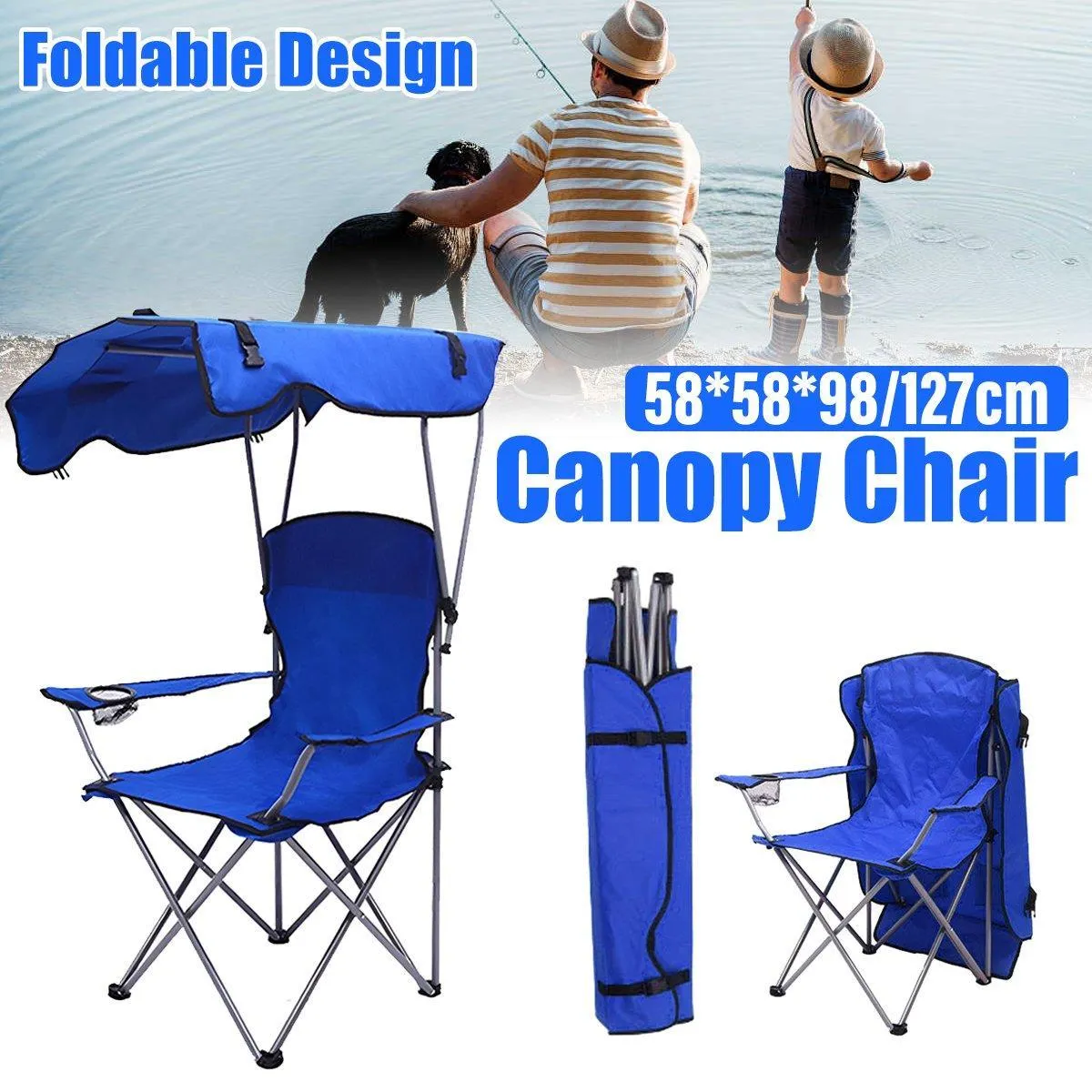 Canopy Chair Foldable W/ Sun Shade Beach Camping Folding Outdoor Fishing Blue