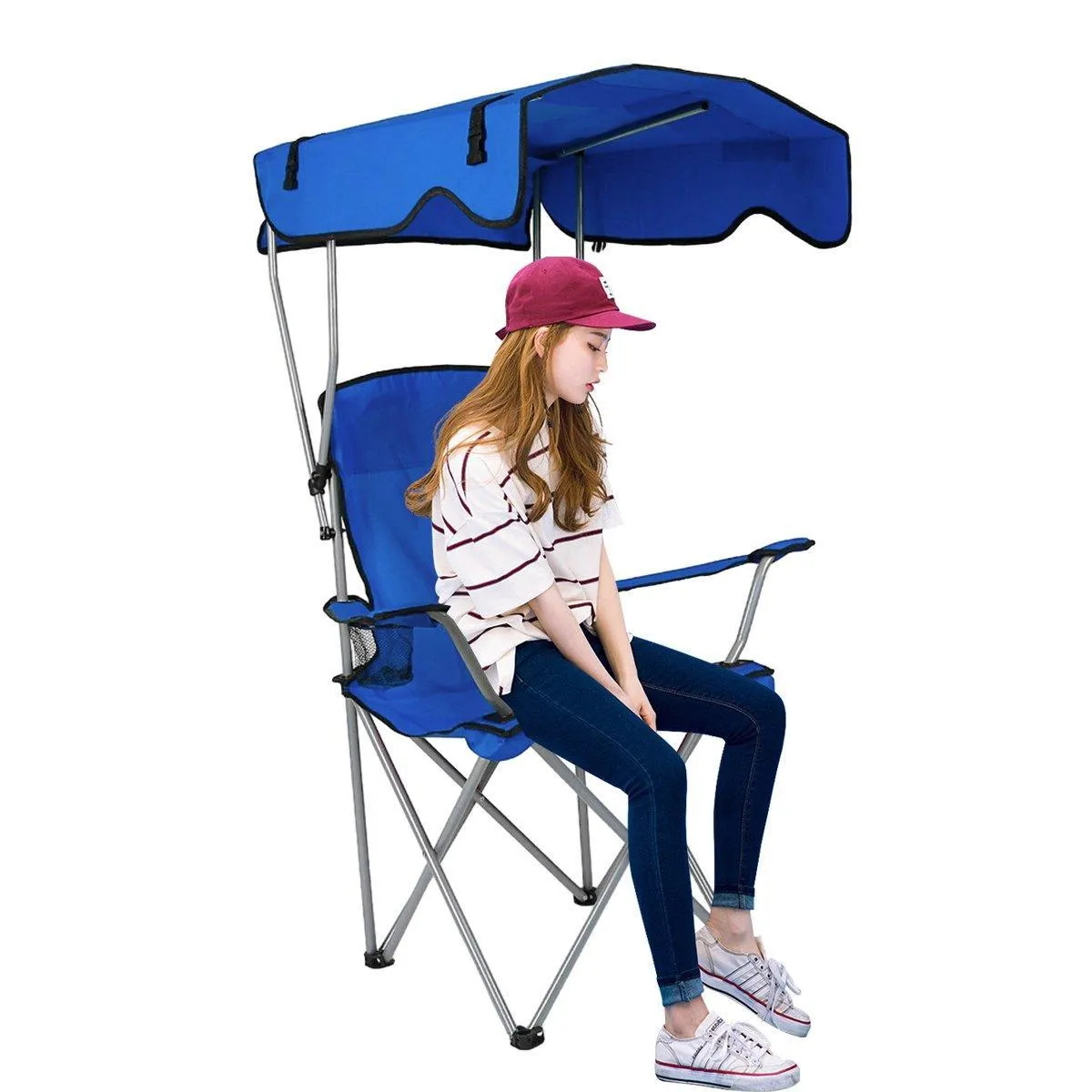 Canopy Chair Foldable W/ Sun Shade Beach Camping Folding Outdoor Fishing Blue