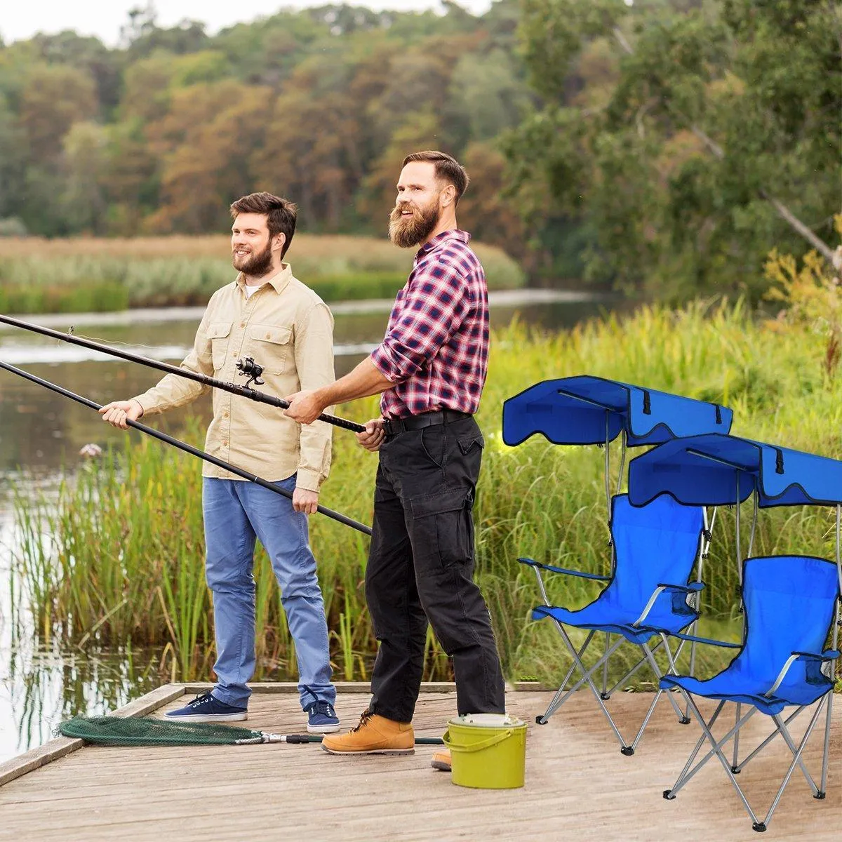 Canopy Chair Foldable W/ Sun Shade Beach Camping Folding Outdoor Fishing Blue