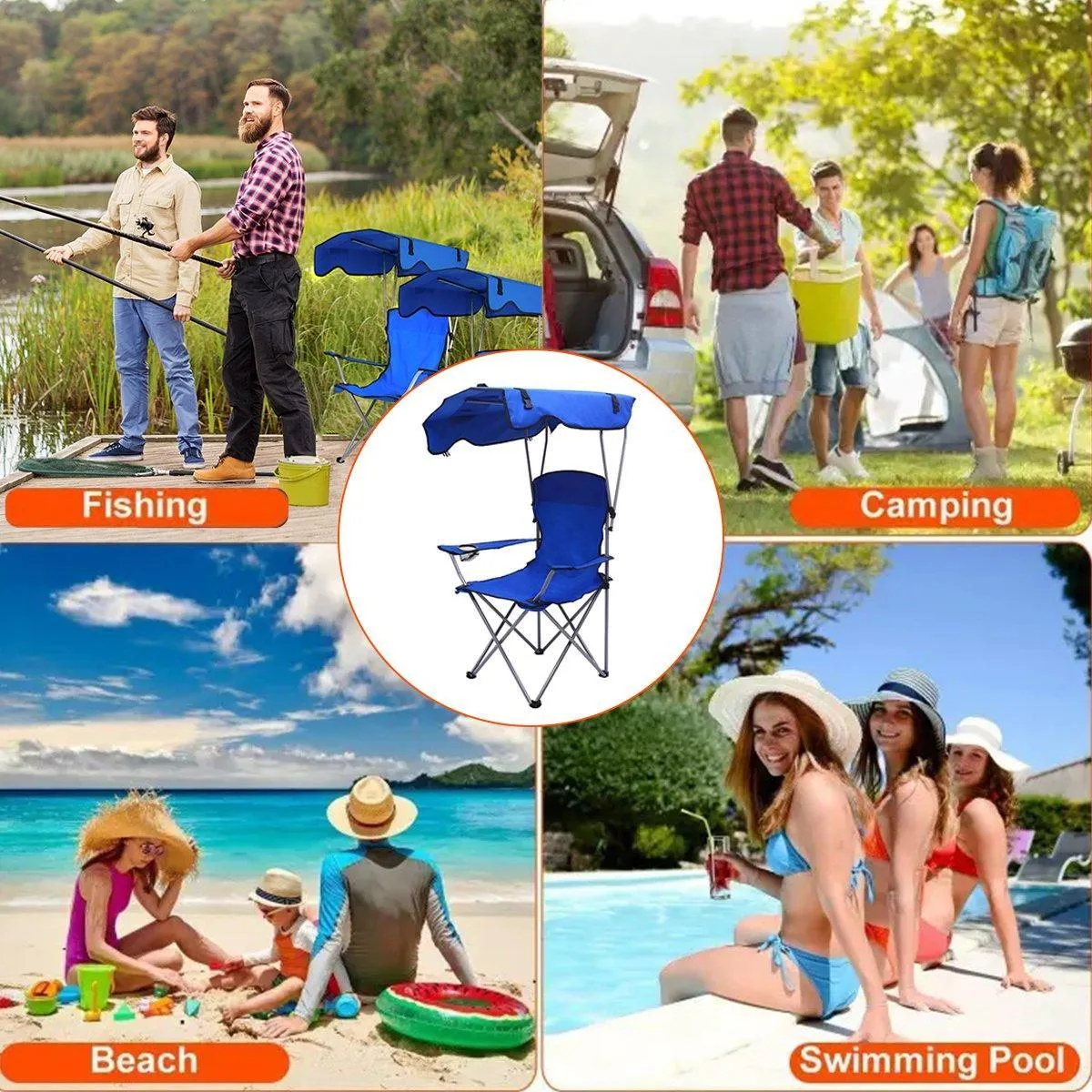 Canopy Chair Foldable W/ Sun Shade Beach Camping Folding Outdoor Fishing Blue
