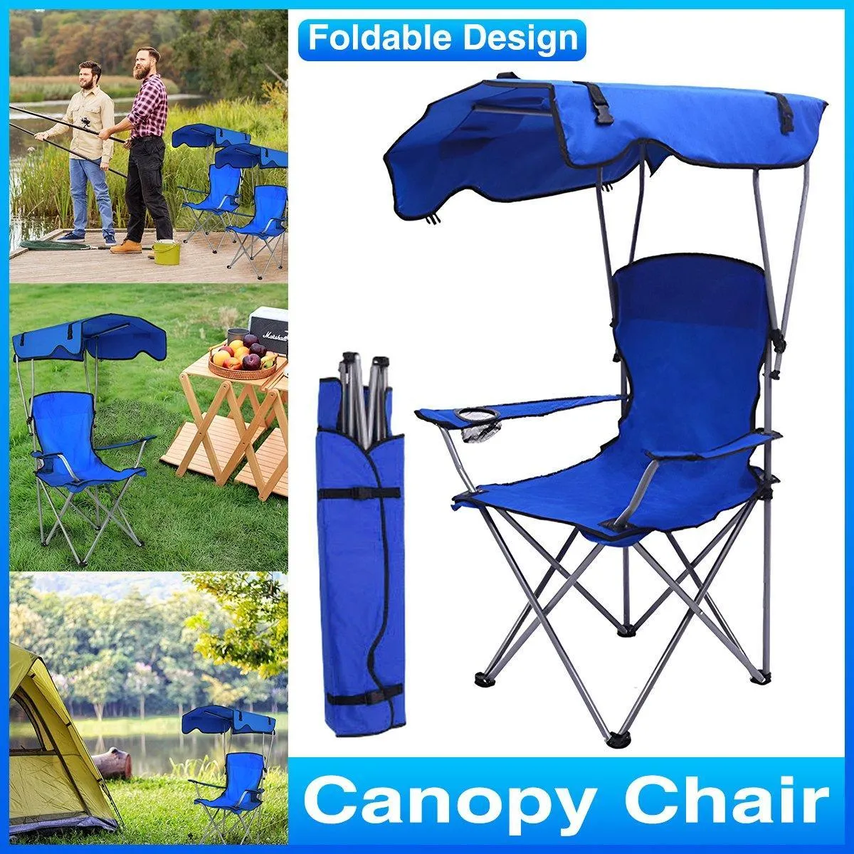Canopy Chair Foldable W/ Sun Shade Beach Camping Folding Outdoor Fishing Blue