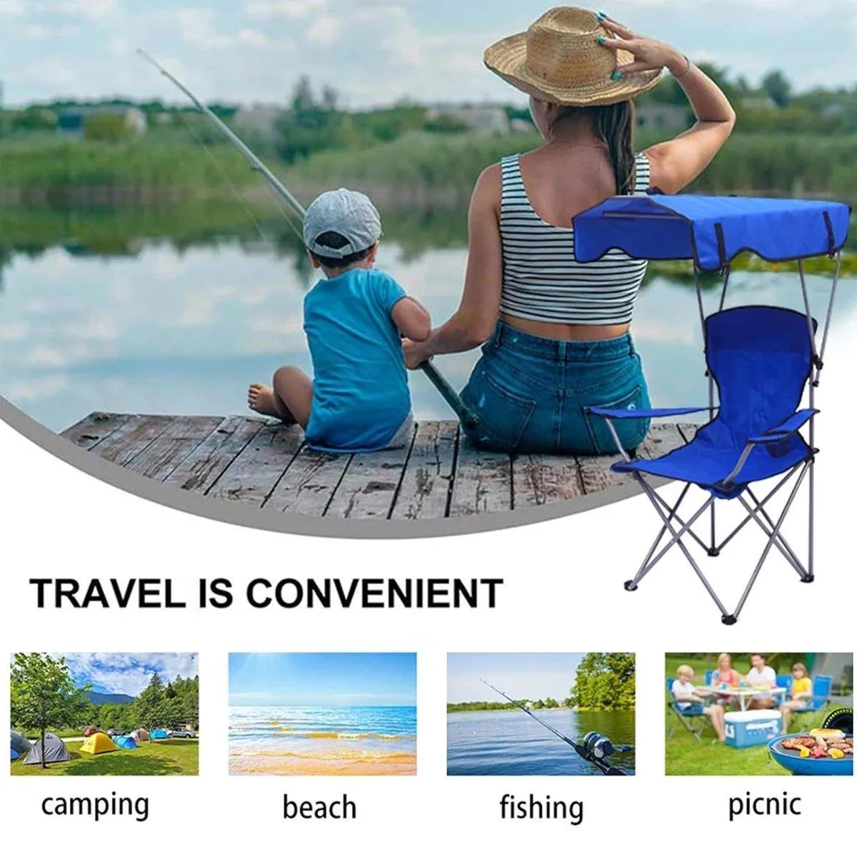 Canopy Chair Foldable W/ Sun Shade Beach Camping Folding Outdoor Fishing Blue