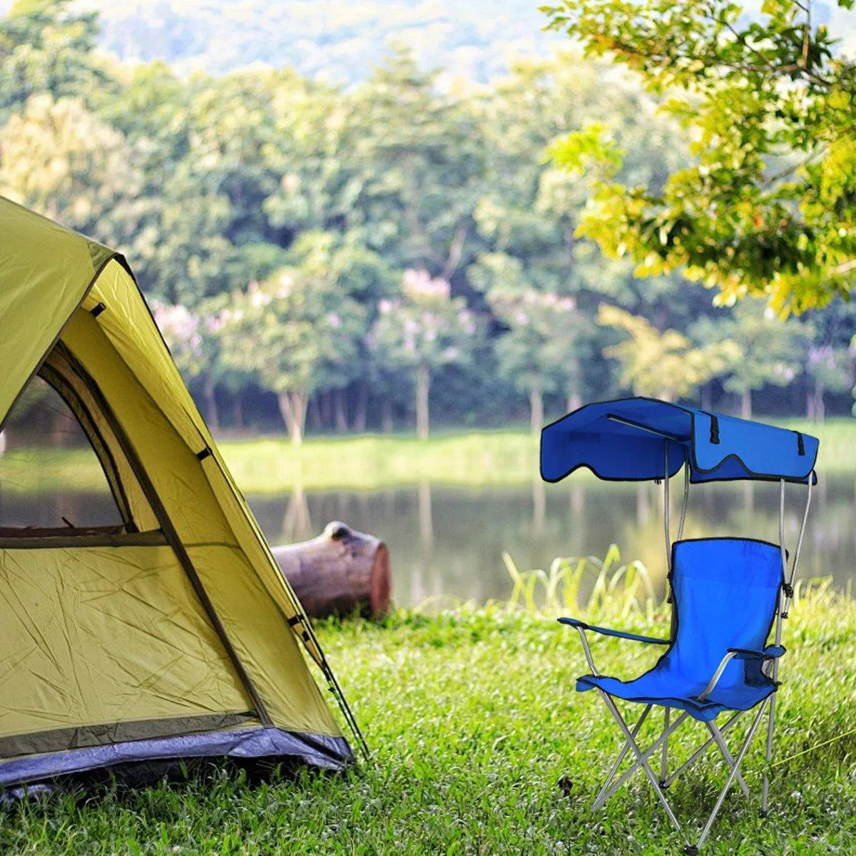 Canopy Chair Foldable W/ Sun Shade Beach Camping Folding Outdoor Fishing Blue