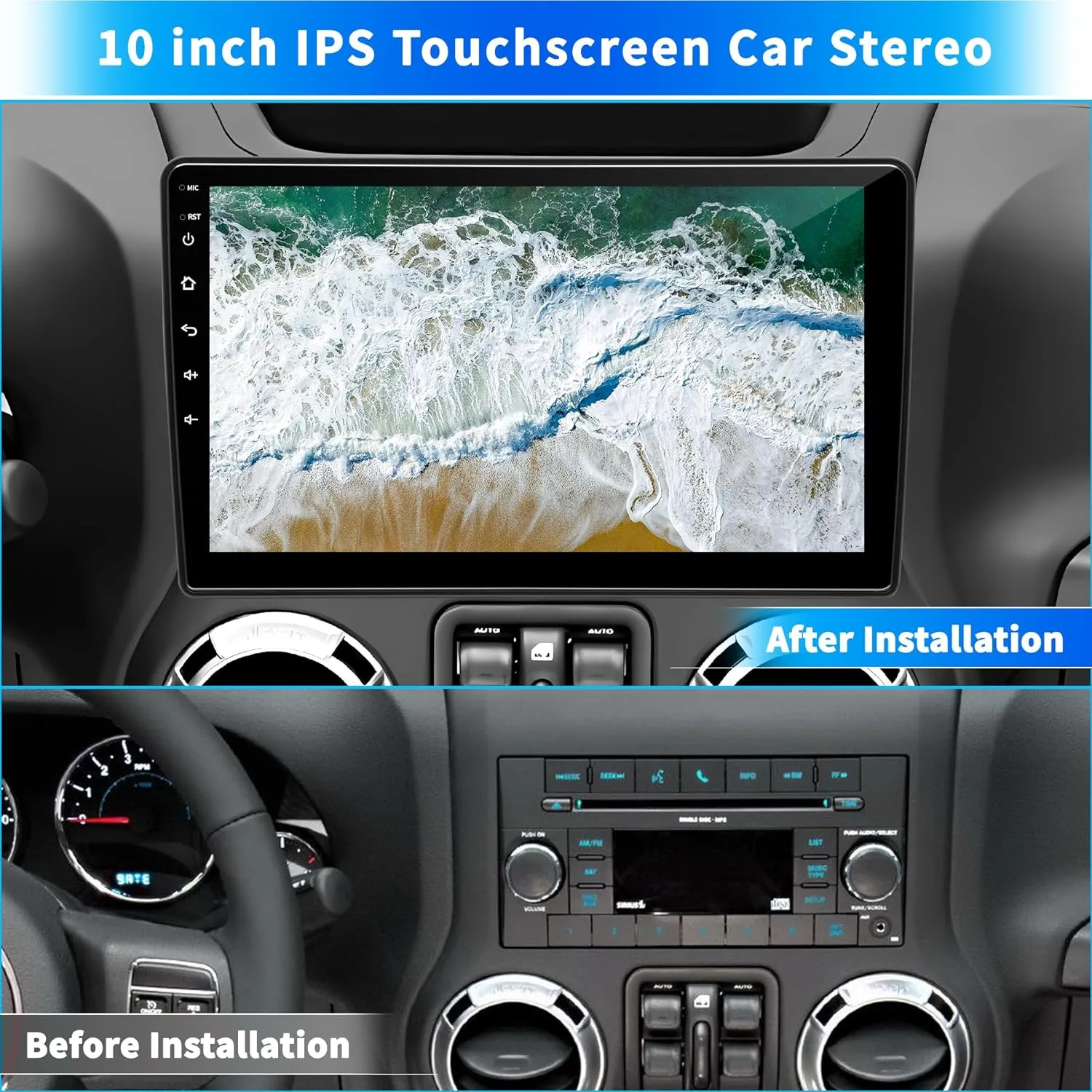 Car Stereo Radio for Jeep Wrangler JK Compass Grand Cherokee Dodge Ram 1500, Android 12 OS 2GB 64GB, 10 inch IPS Touchscreen Support Wireless CarPlay Android Auto GPS Bluetooth FM SWC