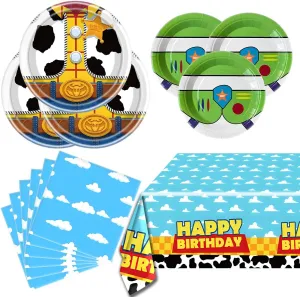 Cartoon Story Party Tableware Set, Blue Sky White Cloud Cow Tablecloth, Toy Theme Birthday Party Tableware Set