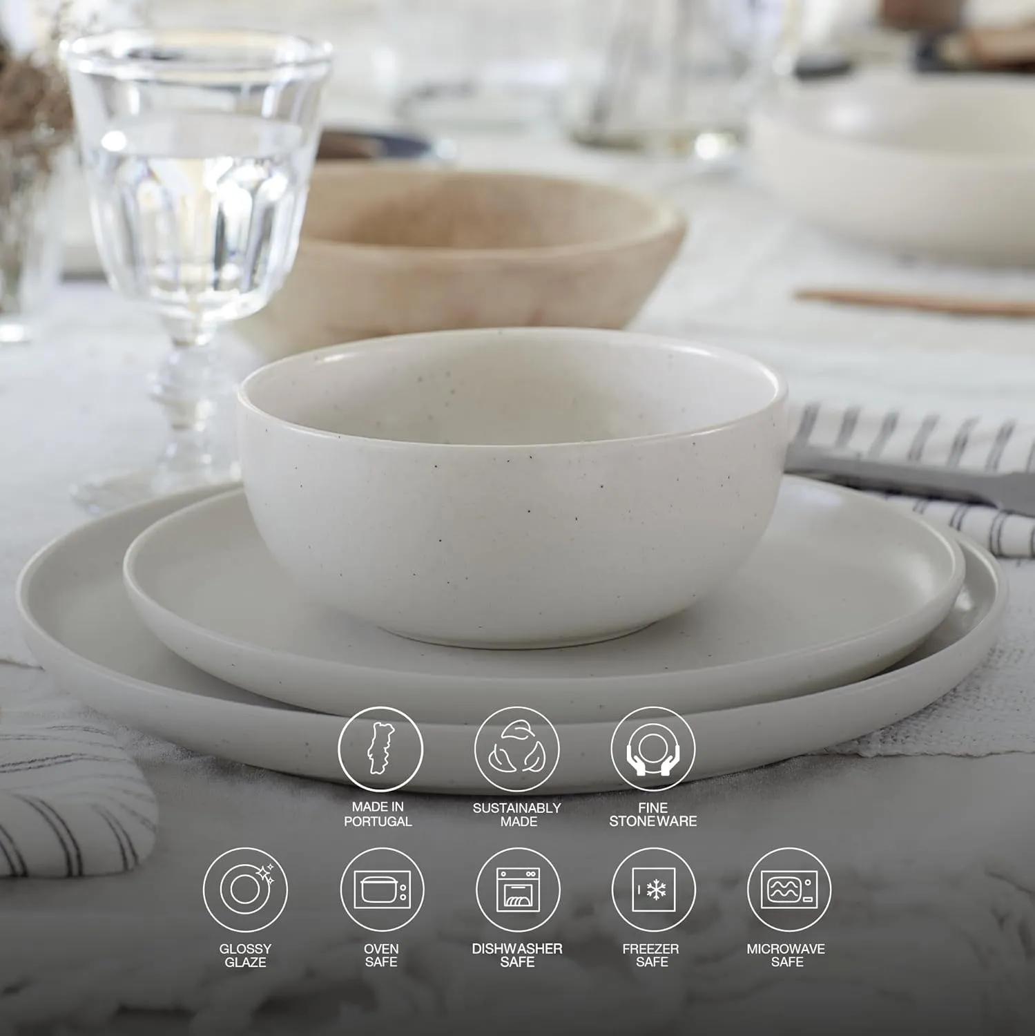 Casafina Ceramic Stoneware 18-Piece Place Setting Service for 6 with Cereal Bowls - Pacifica Collection, Salt White | Microwave & Dishwasher Safe Dinnerware Set | Restaurant Quality Tableware