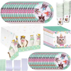 Cat Birthday Party Supplies Serves 24, Disposable Paper Tableware Cute Plates Cups Napkins Knife Fork Spoon Straw Tablecloth for Cat Birthday Baby Shower Party 193 Pcs Total