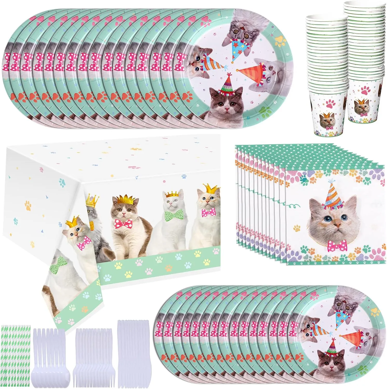 Cat Birthday Party Supplies Serves 24, Disposable Paper Tableware Cute Plates Cups Napkins Knife Fork Spoon Straw Tablecloth for Cat Birthday Baby Shower Party 193 Pcs Total