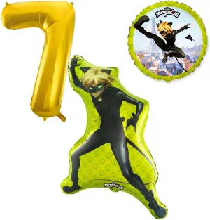 Cat Noir Balloon Set Balloon with Golden Number 7 Children's Birthday Helium Suitable Decoration Children's Birthday Party Tableware Decoration for Birthday Party Theme Party Theme Balloons