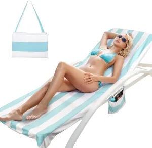 Catalonia Lounge Chair Towel Cover with Fitted Top Pocket, Large Quick Dry Beach Chair Covers, No Sliding Chaise Cover Towel for Outdoor Travel Pool Patio Sunbathing, 78 x 31 in, Mint Green Stripe