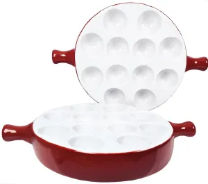 Ceramic escargot baking plate,for appetizers, grilled snails, scallops, 9.33-inch(2 pieces) tableware with handle, oven safe, suitable for homes, restaurants, hotels and foodies, Brown