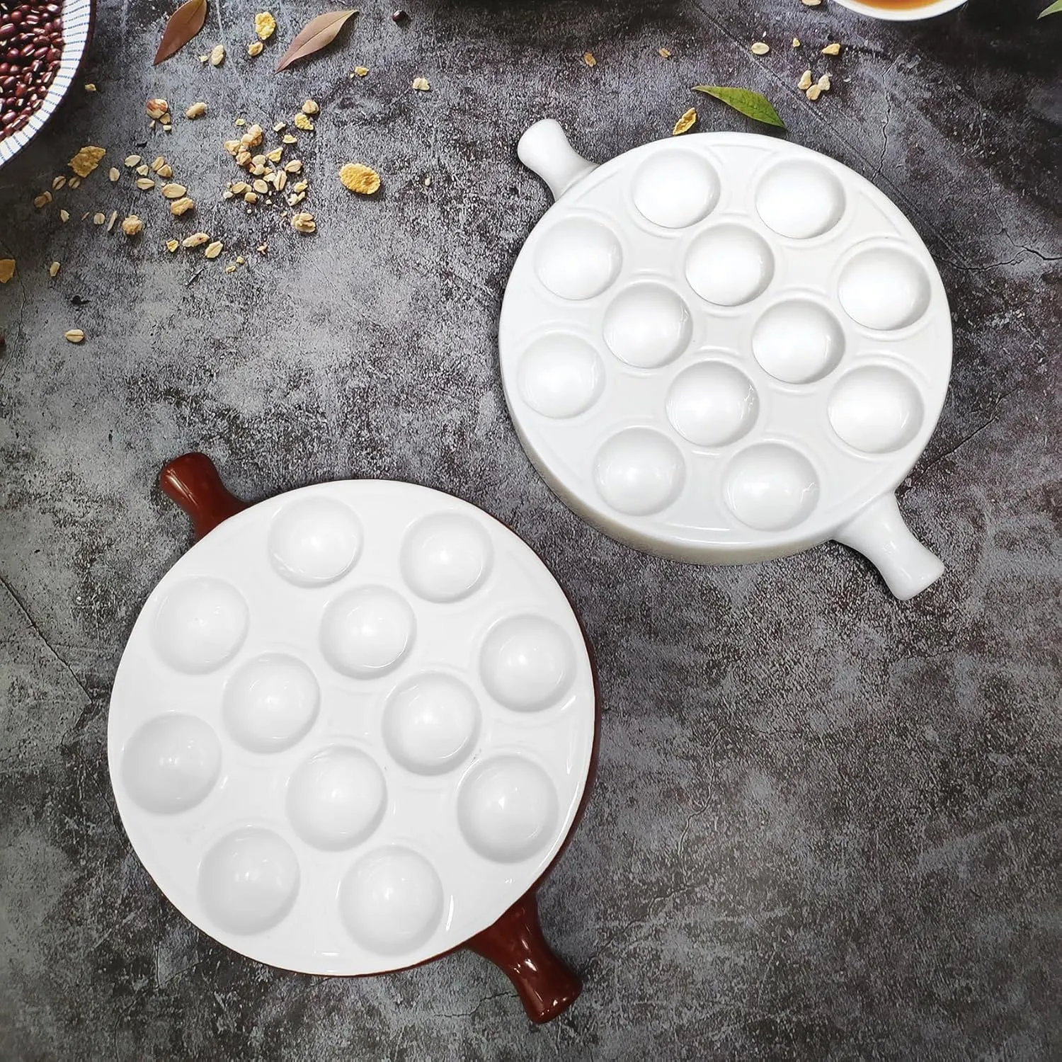 Ceramic escargot baking plate,for appetizers, grilled snails, scallops, 9.33-inch(2 pieces) tableware with handle, oven safe, suitable for homes, restaurants, hotels and foodies, White