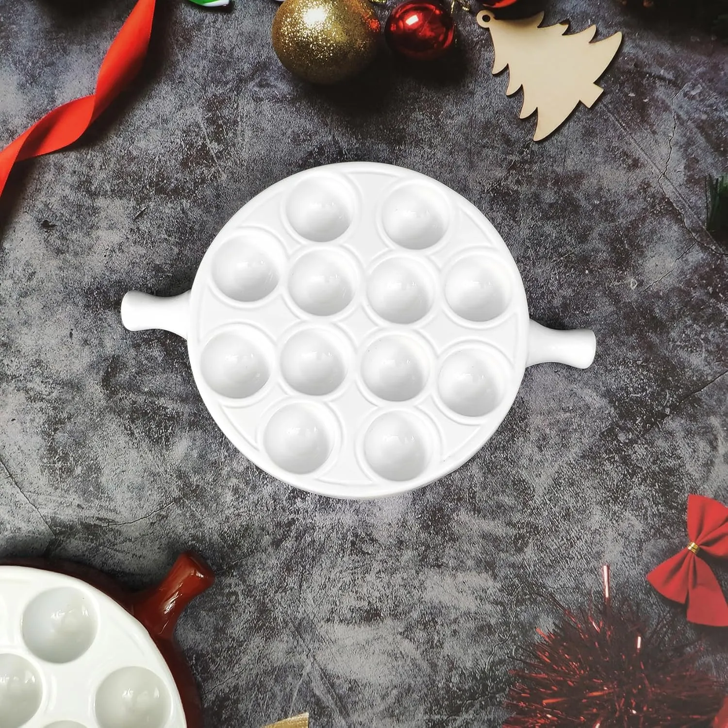 Ceramic escargot baking plate,for appetizers, grilled snails, scallops, 9.33-inch(2 pieces) tableware with handle, oven safe, suitable for homes, restaurants, hotels and foodies, White