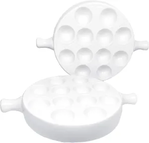 Ceramic escargot baking plate,for appetizers, grilled snails, scallops, 9.33-inch(2 pieces) tableware with handle, oven safe, suitable for homes, restaurants, hotels and foodies, White