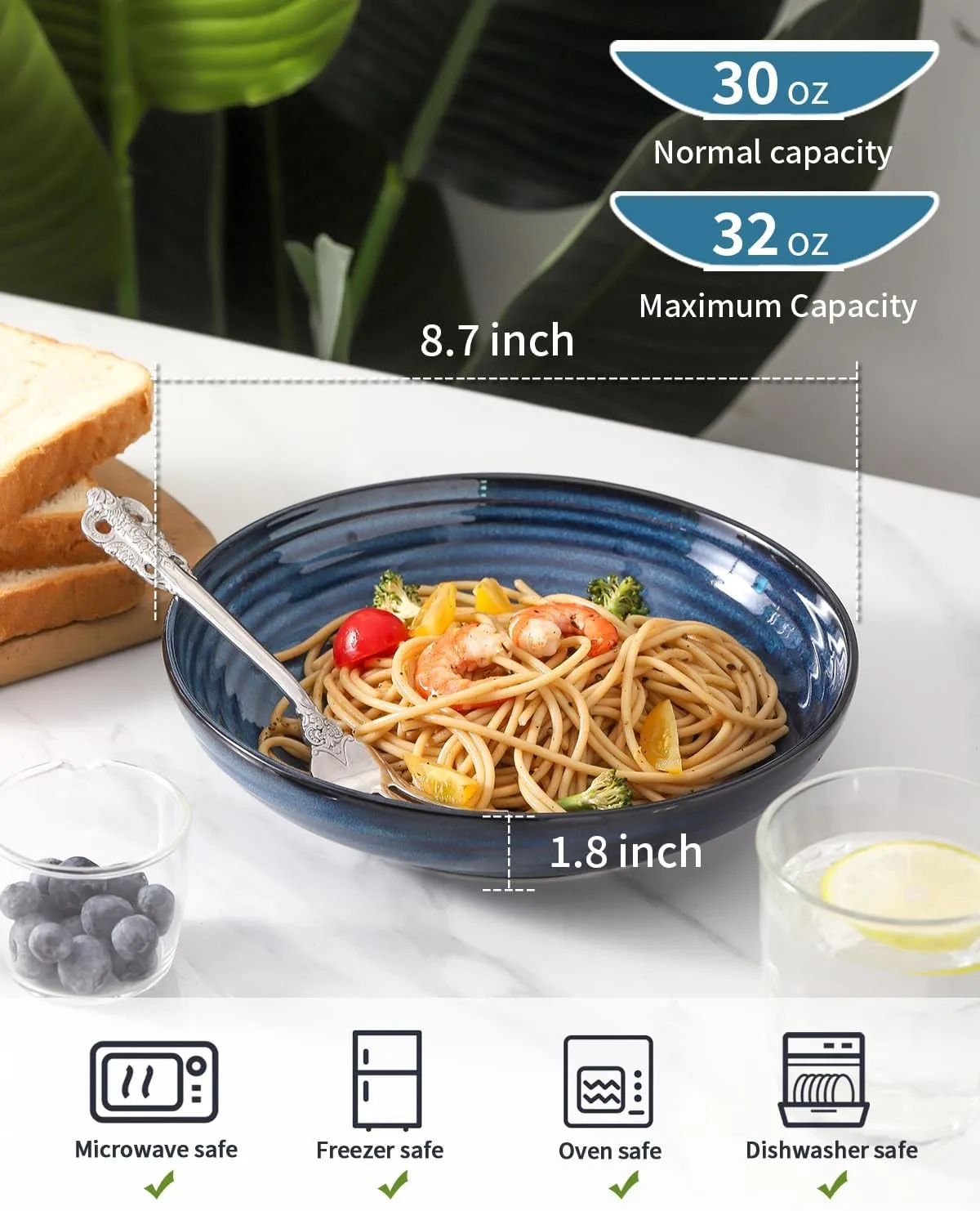 Ceramic Pasta Bowls, 8.7" Large Salad Bowls Set of 2, 32 OZ Wide and Shallow Serving Bowls for Kitchen Dinner, Microwave & Dishwasher Safe, Blue