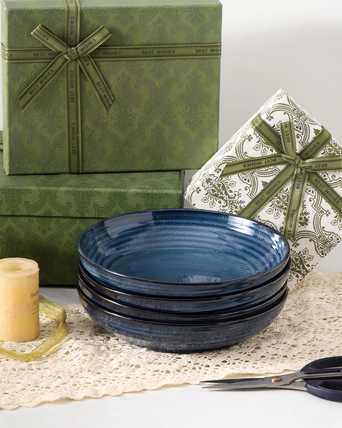 Ceramic Pasta Bowls, 8.7" Large Salad Bowls Set of 2, 32 OZ Wide and Shallow Serving Bowls for Kitchen Dinner, Microwave & Dishwasher Safe, Blue