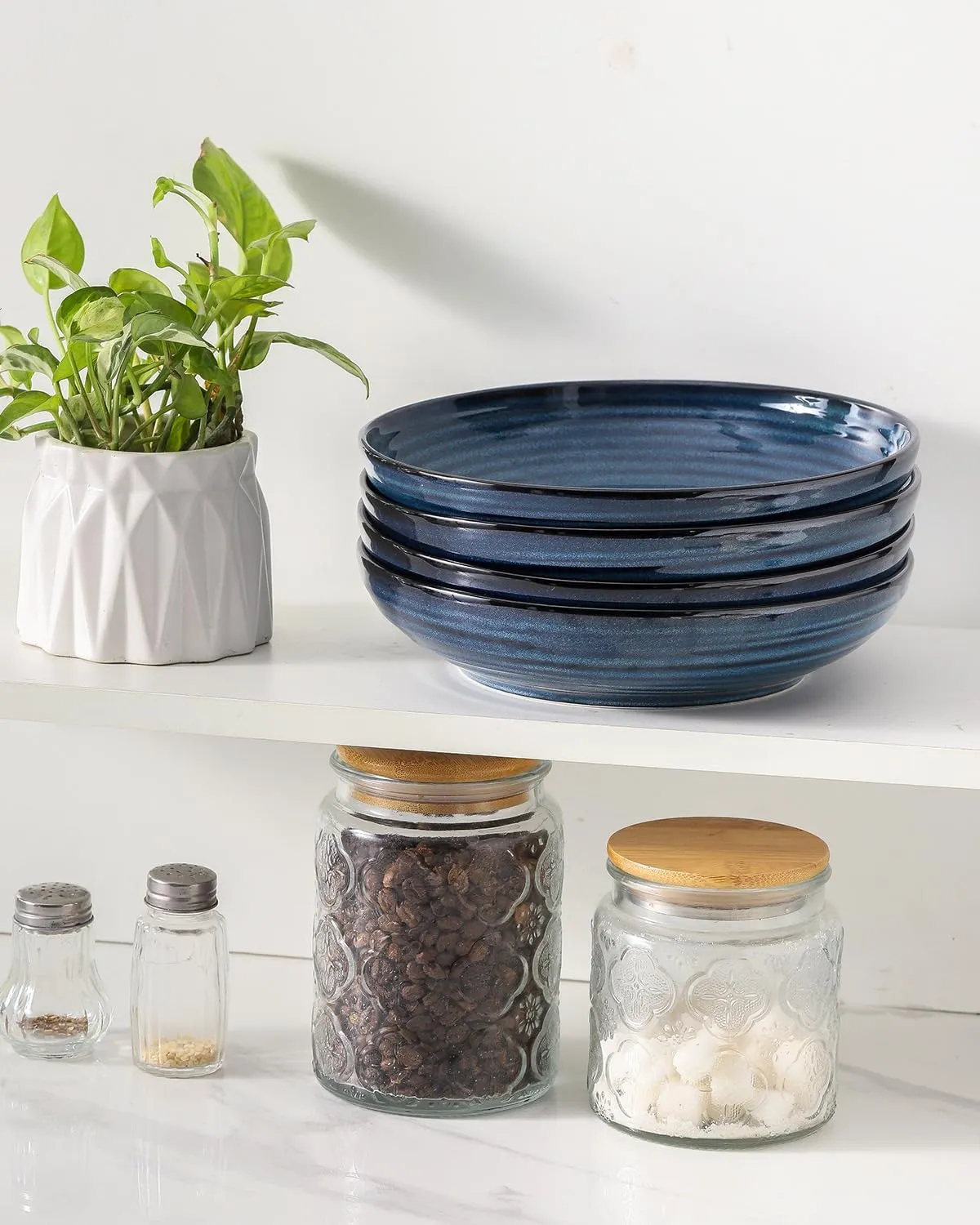Ceramic Pasta Bowls, 8.7" Large Salad Bowls Set of 2, 32 OZ Wide and Shallow Serving Bowls for Kitchen Dinner, Microwave & Dishwasher Safe, Blue