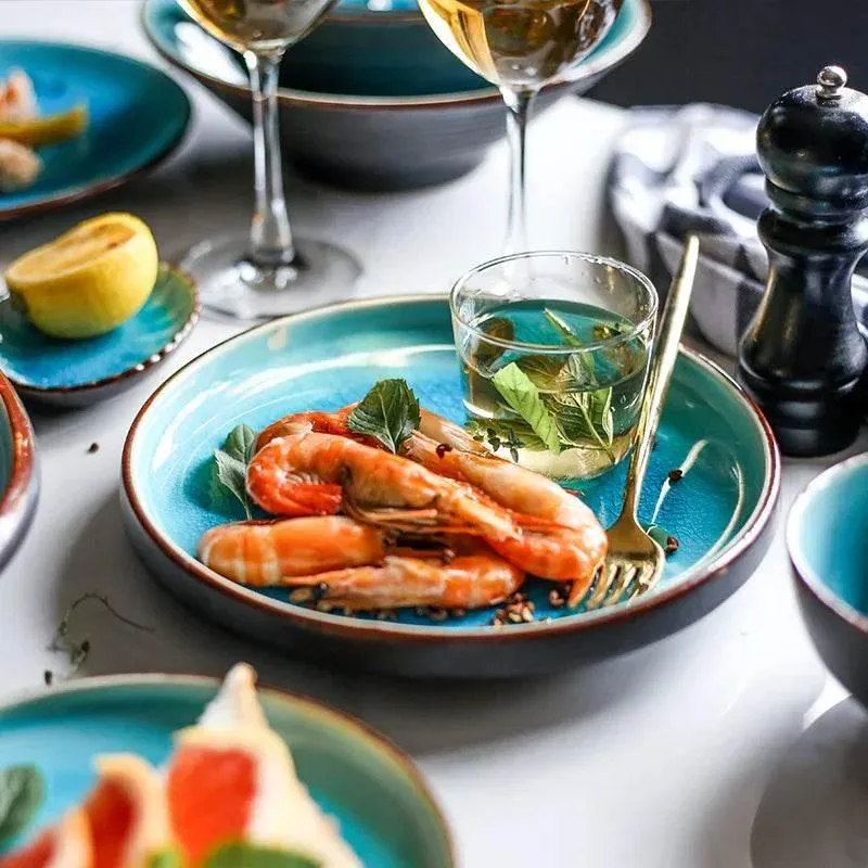 Ceramic Tableware Set - Blue Ice Crackling Glaze Design