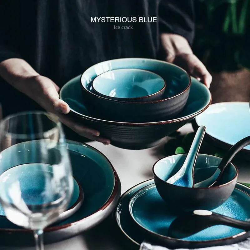 Ceramic Tableware Set - Blue Ice Crackling Glaze Design