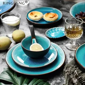 Ceramic Tableware Set - Blue Ice Crackling Glaze Design