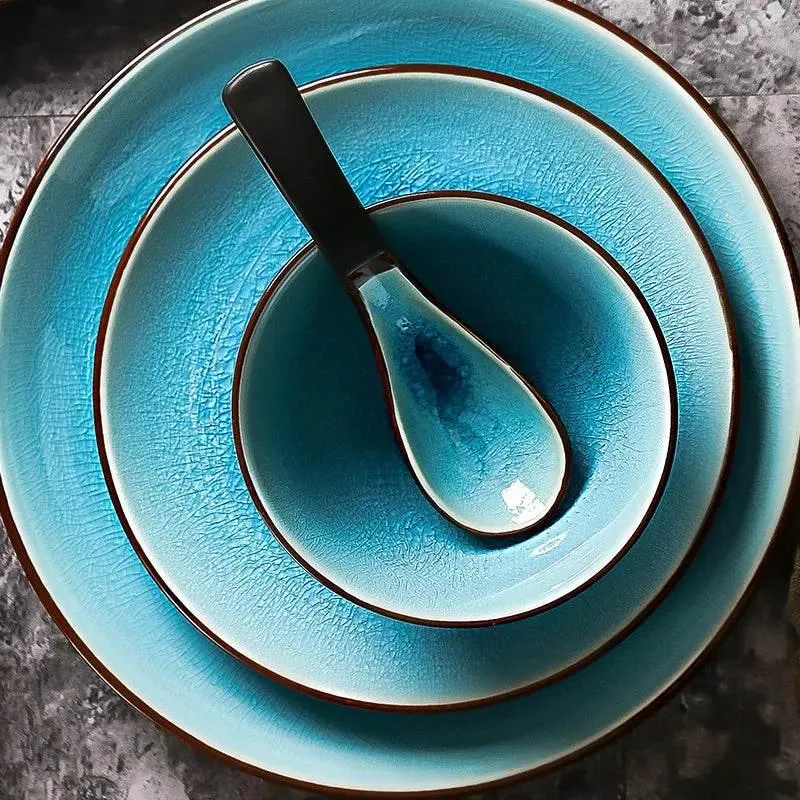 Ceramic Tableware Set - Blue Ice Crackling Glaze Design