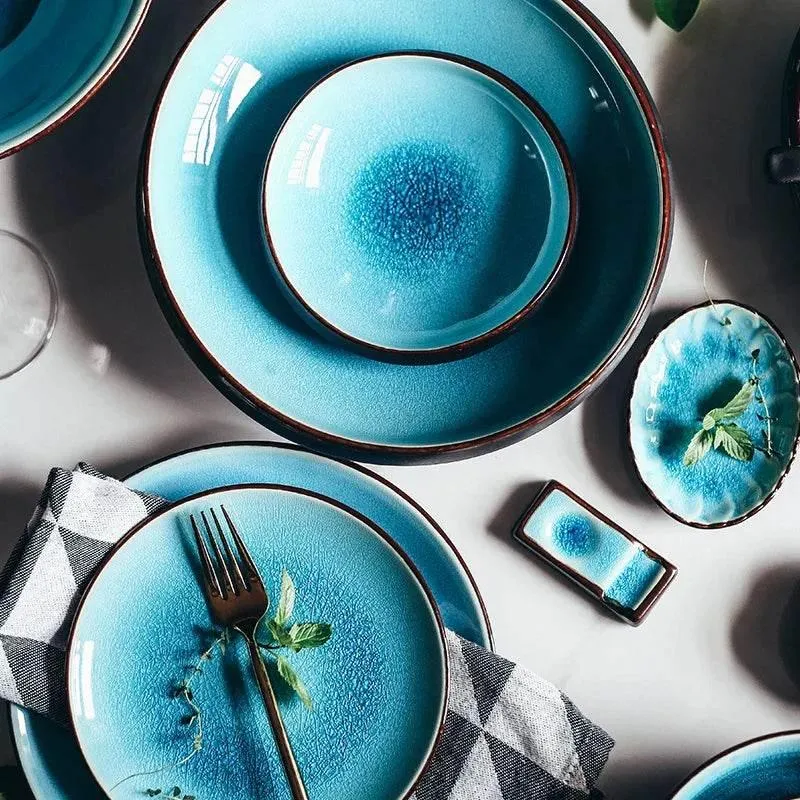 Ceramic Tableware Set - Blue Ice Crackling Glaze Design