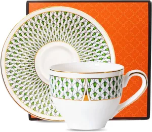 Ceramic Tea Cup and Saucer Set, 7oz, Cappuccino, Latte Coffee Cup, Suitable for Afternoon Tea, Breakfast Tea and Dessert, Bone China, Green Gold Rim