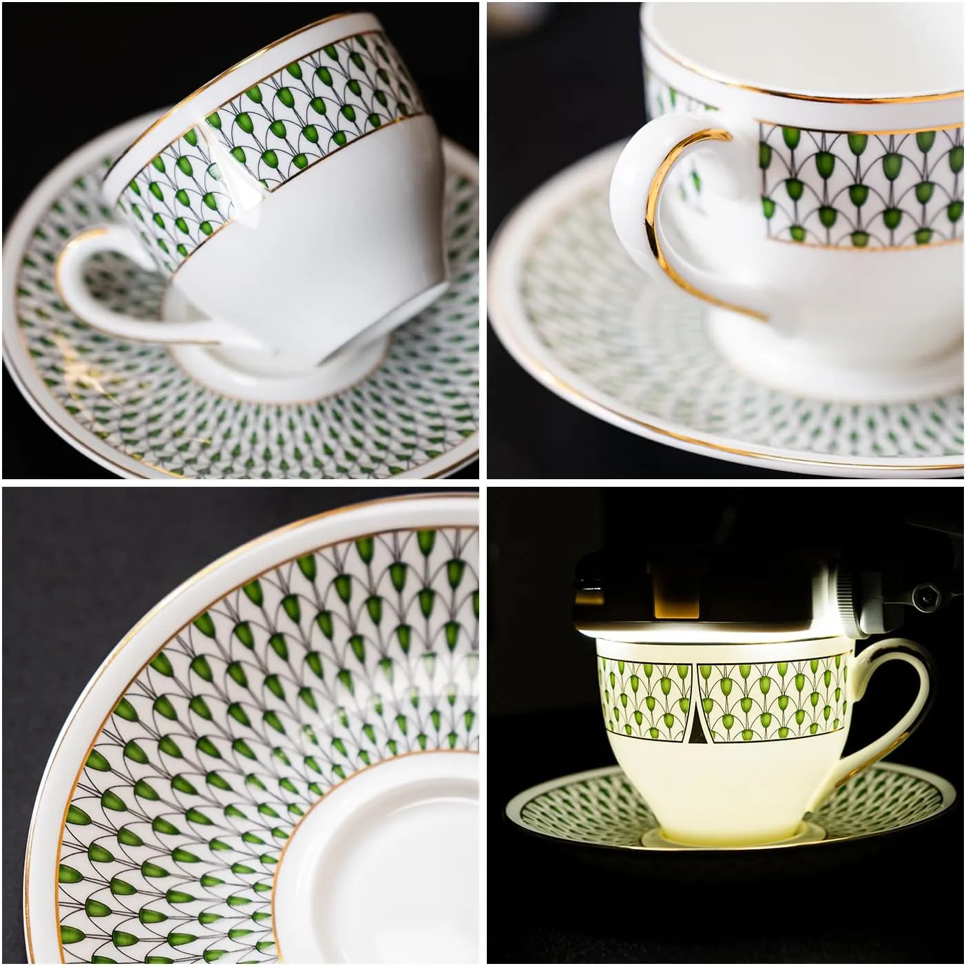 Ceramic Tea Cup and Saucer Set, 7oz, Cappuccino, Latte Coffee Cup, Suitable for Afternoon Tea, Breakfast Tea and Dessert, Bone China, Green Gold Rim