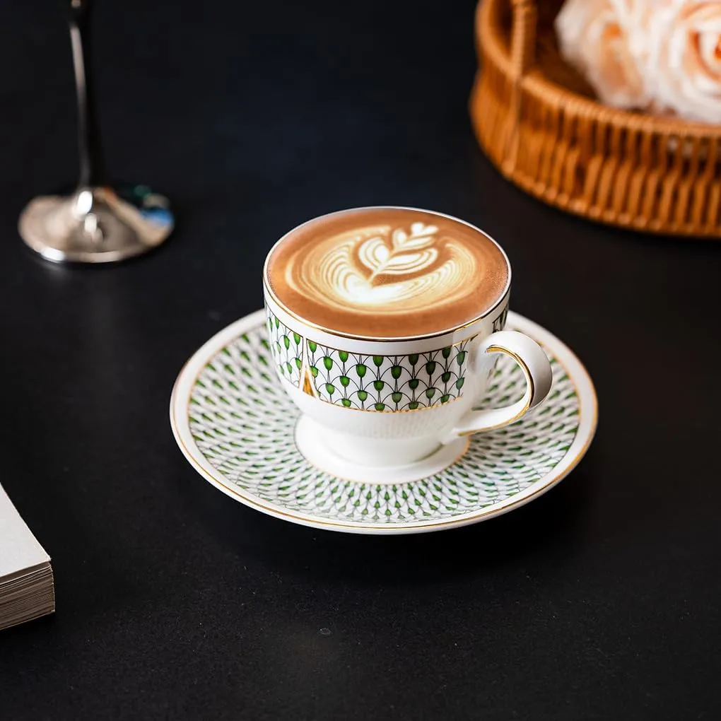 Ceramic Tea Cup and Saucer Set, 7oz, Cappuccino, Latte Coffee Cup, Suitable for Afternoon Tea, Breakfast Tea and Dessert, Bone China, Green Gold Rim