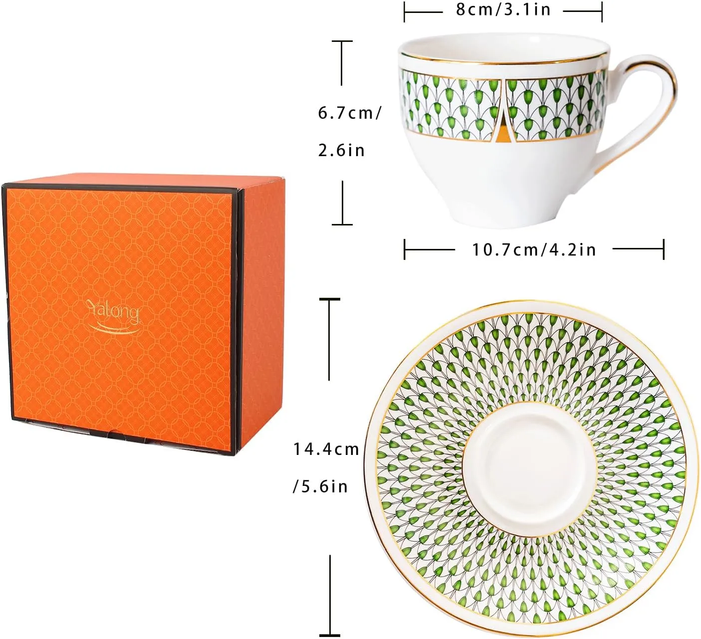 Ceramic Tea Cup and Saucer Set, 7oz, Cappuccino, Latte Coffee Cup, Suitable for Afternoon Tea, Breakfast Tea and Dessert, Bone China, Green Gold Rim