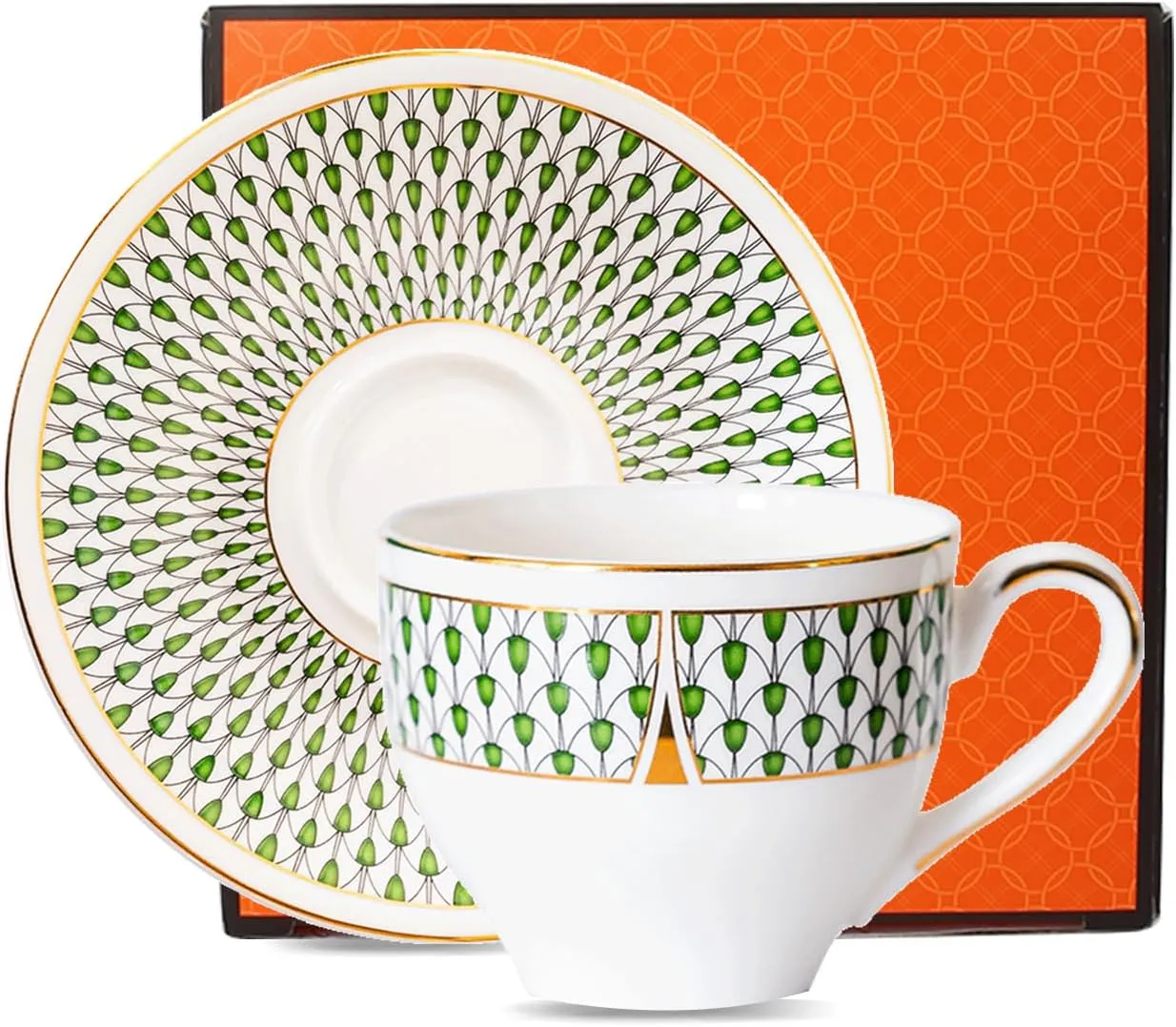 Ceramic Tea Cup and Saucer Set, 7oz, Cappuccino, Latte Coffee Cup, Suitable for Afternoon Tea, Breakfast Tea and Dessert, Bone China, Green Gold Rim