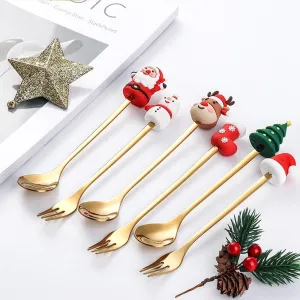Christmas 6 Dolls Stainless Steel Spoons Forks Set for Coffee Dessert Tea Soup Stirring Spoons Cake Fruit Forks Tableware Cutlery Flatware, Gold Utensils Dinnerware for Birthday Wedding Dinner Party