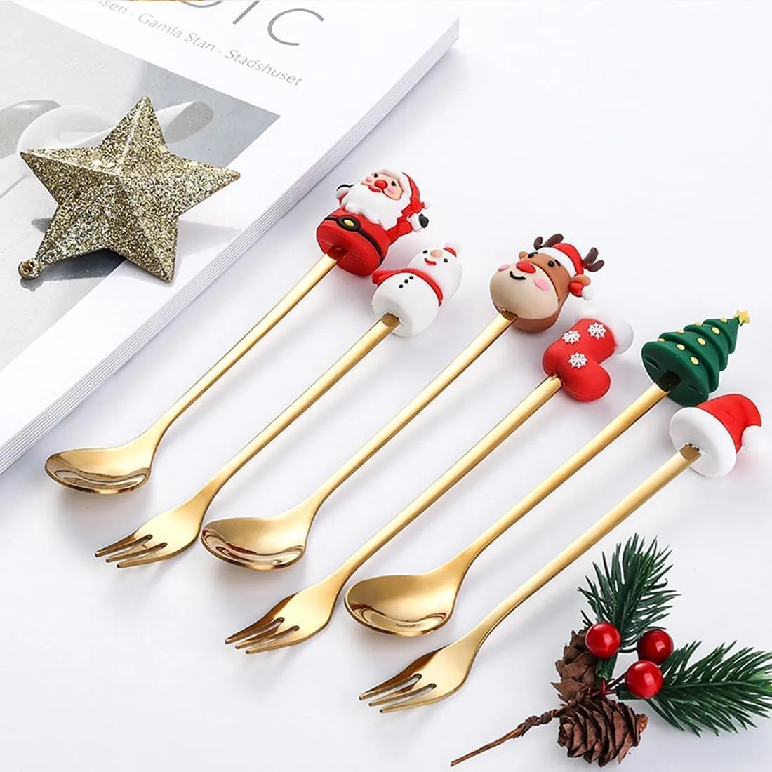 Christmas 6 Dolls Stainless Steel Spoons Forks Set for Coffee Dessert Tea Soup Stirring Spoons Cake Fruit Forks Tableware Cutlery Flatware, Gold Utensils Dinnerware for Birthday Wedding Dinner Party