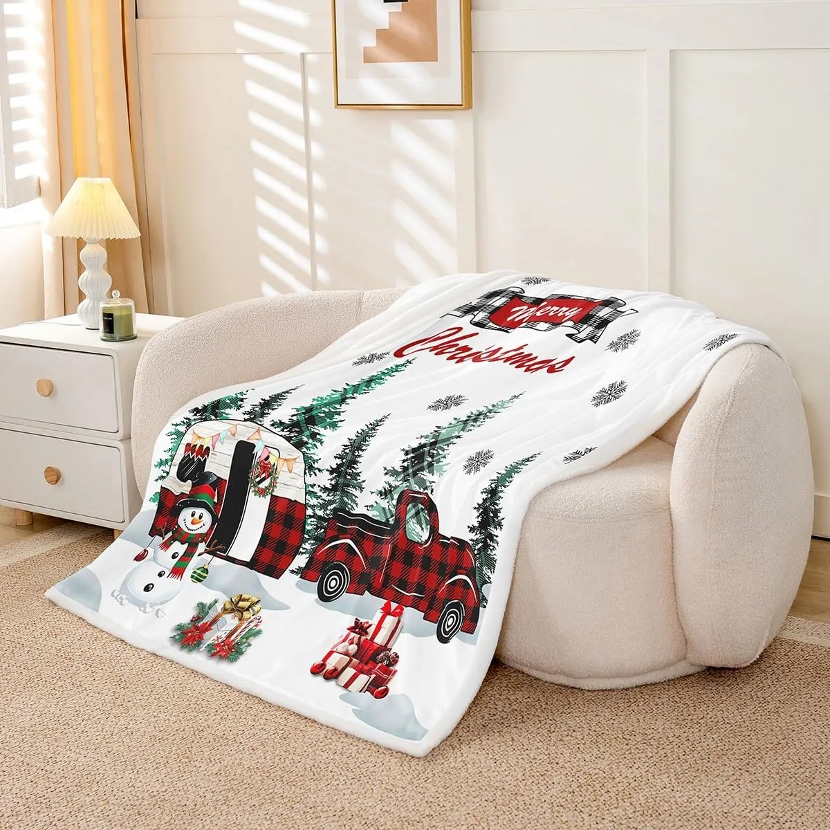 Christmas Camper Throw Blanket 90x90,Winter Happy Camping Fleece Blankets for Teens Boys Girls,Xmas Snowman Snowflake Fuzzy Blanket All Season Use for Office,Bedroom Sofa Bed Decor