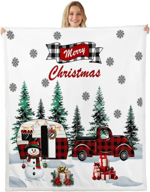 Christmas Camper Throw Blanket 90x90,Winter Happy Camping Fleece Blankets for Teens Boys Girls,Xmas Snowman Snowflake Fuzzy Blanket All Season Use for Office,Bedroom Sofa Bed Decor
