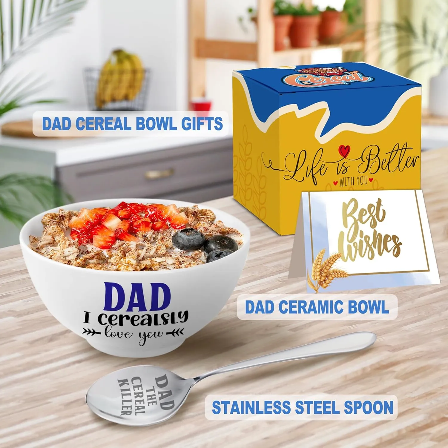 Christmas Dad Gifts, Gifts for Dad from Daughter/Son Cereal Bowl and Cereal Killer Spoon Set, Fathers Day Birthday Gift for Him Cerealsly Love You Daddy