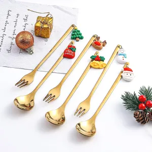 Christmas Dolls Stainless Steel Spoons Forks Set for Coffee Dessert Tea Soup Stirring Spoons Cake Fruit Forks Tableware Cutlery Flatware, Gold Utensils Dinnerware for Birthday, Dinner, Party, Wedding