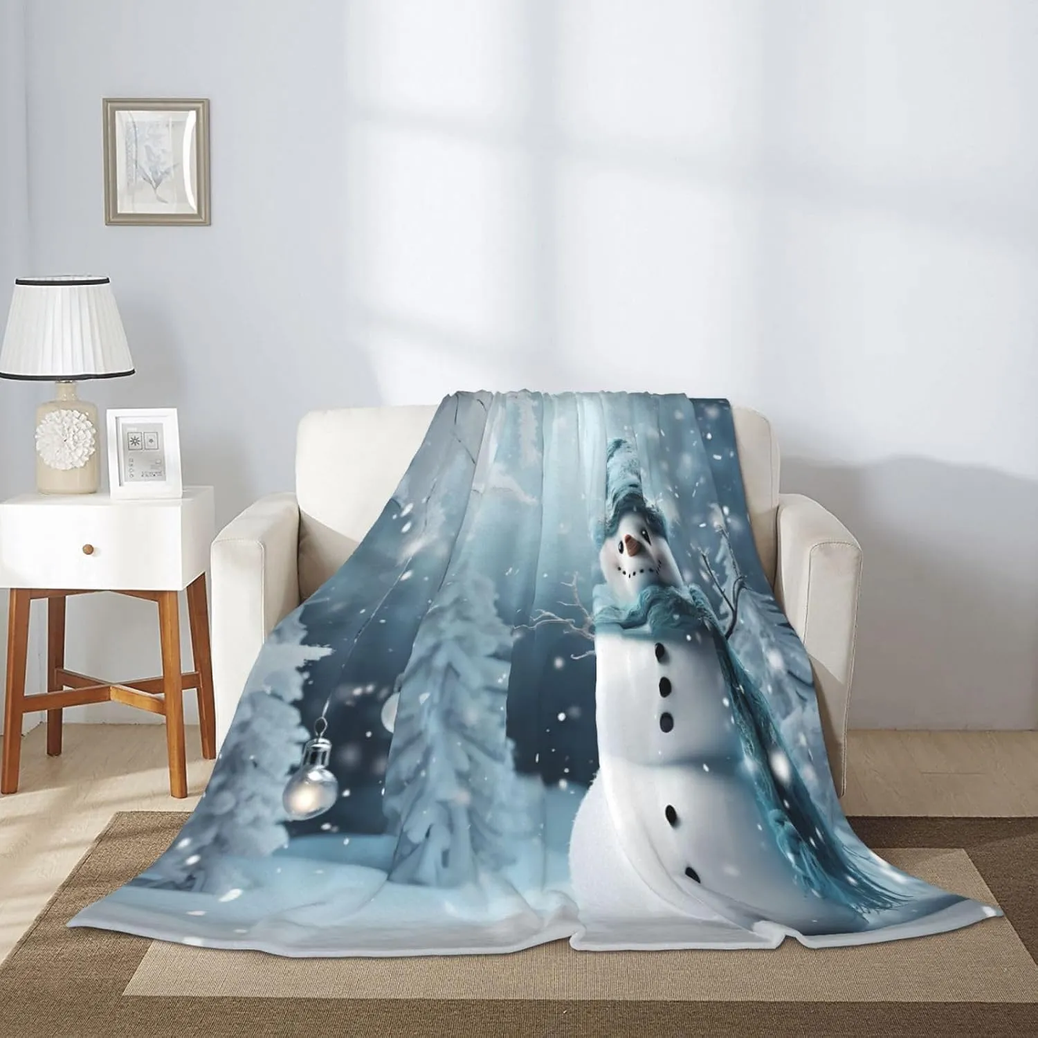 Christmas Funny Snowman Winter Throw Blankets，Tree Soft Fleece Blanket 60"X50" Couch Cover for Bed Sofa Chair Camping Travel