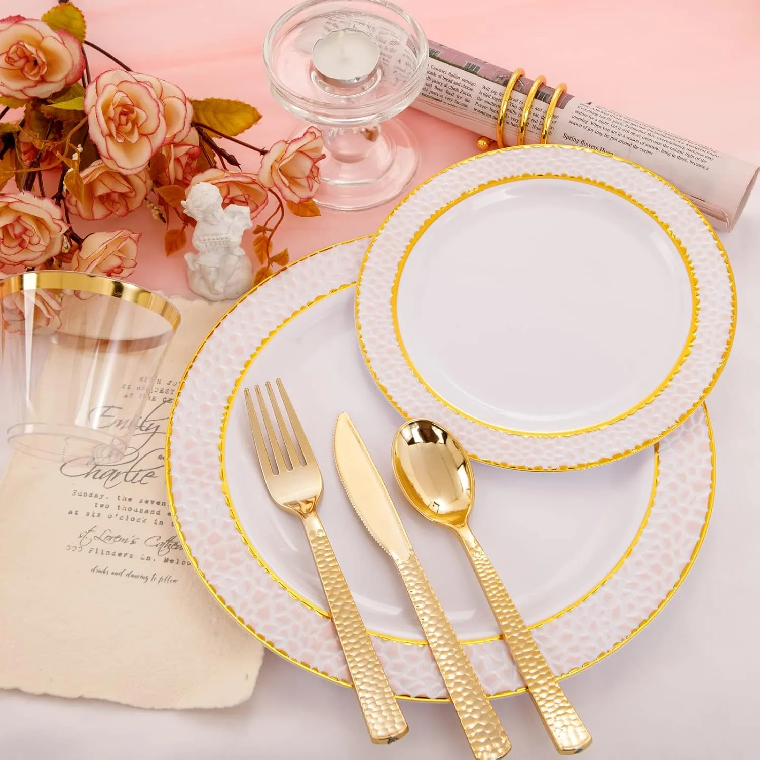 Ciaell 150PCS Pink Plastic Plates – Disposable Pink and Gold Plates Set include 50Plates, 25Forks, 25Knives, 25Spoons, 25Cups for Wedding & Party