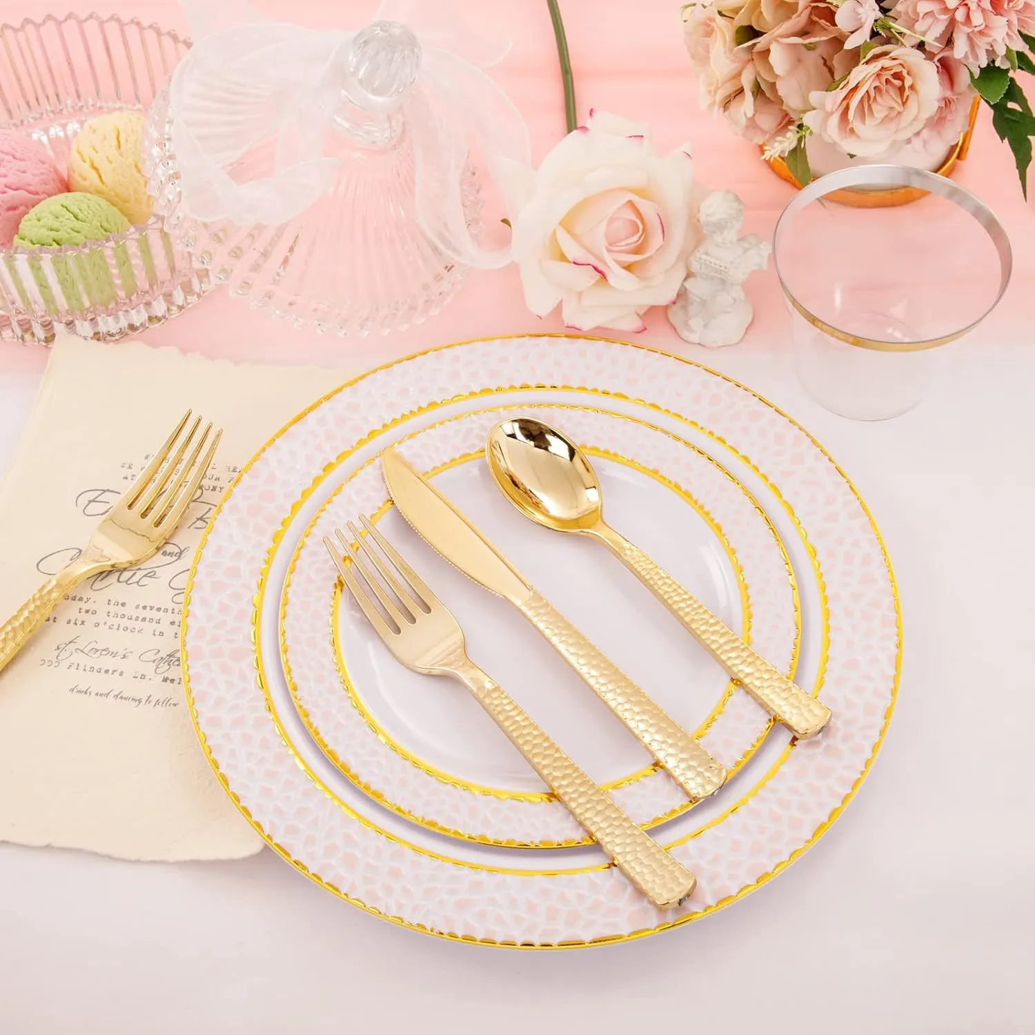 Ciaell 150PCS Pink Plastic Plates – Disposable Pink and Gold Plates Set include 50Plates, 25Forks, 25Knives, 25Spoons, 25Cups for Wedding & Party