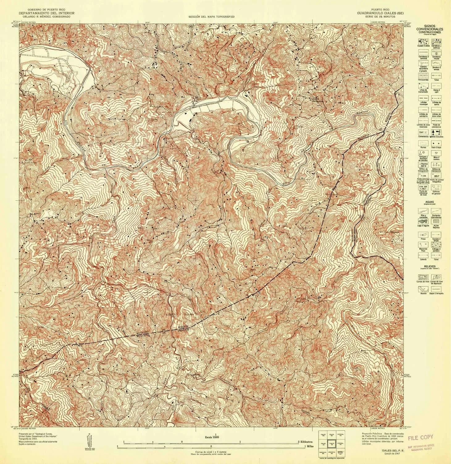 Ciales SE PR topo map, 1:10000 Scale, 3.75 X 3.75 Minute, Historical, 1947, 31.3 x 30.5 in
