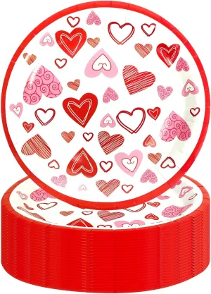 CIEOVO 48 Piece Valentines Day Red Hearts Party Paper Plates, Disposable Heart Paper Dinner Plates Tableware Set for Wedding Anniversary Valentine's Day Party Supplies