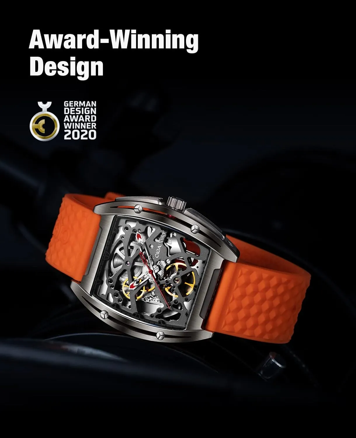 CIGA Design Skeleton Watch Z Series Titanium Automatic Mechanical Wristwatch Sapphire Tonneau Analog Men's Watches 3ATM Waterproof with Removable Silicone and Leather Strap Unisex Steampunk Gift