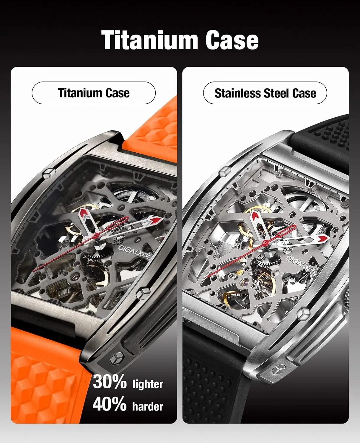 CIGA Design Skeleton Watch Z Series Titanium Automatic Mechanical Wristwatch Sapphire Tonneau Analog Men's Watches 3ATM Waterproof with Removable Silicone and Leather Strap Unisex Steampunk Gift