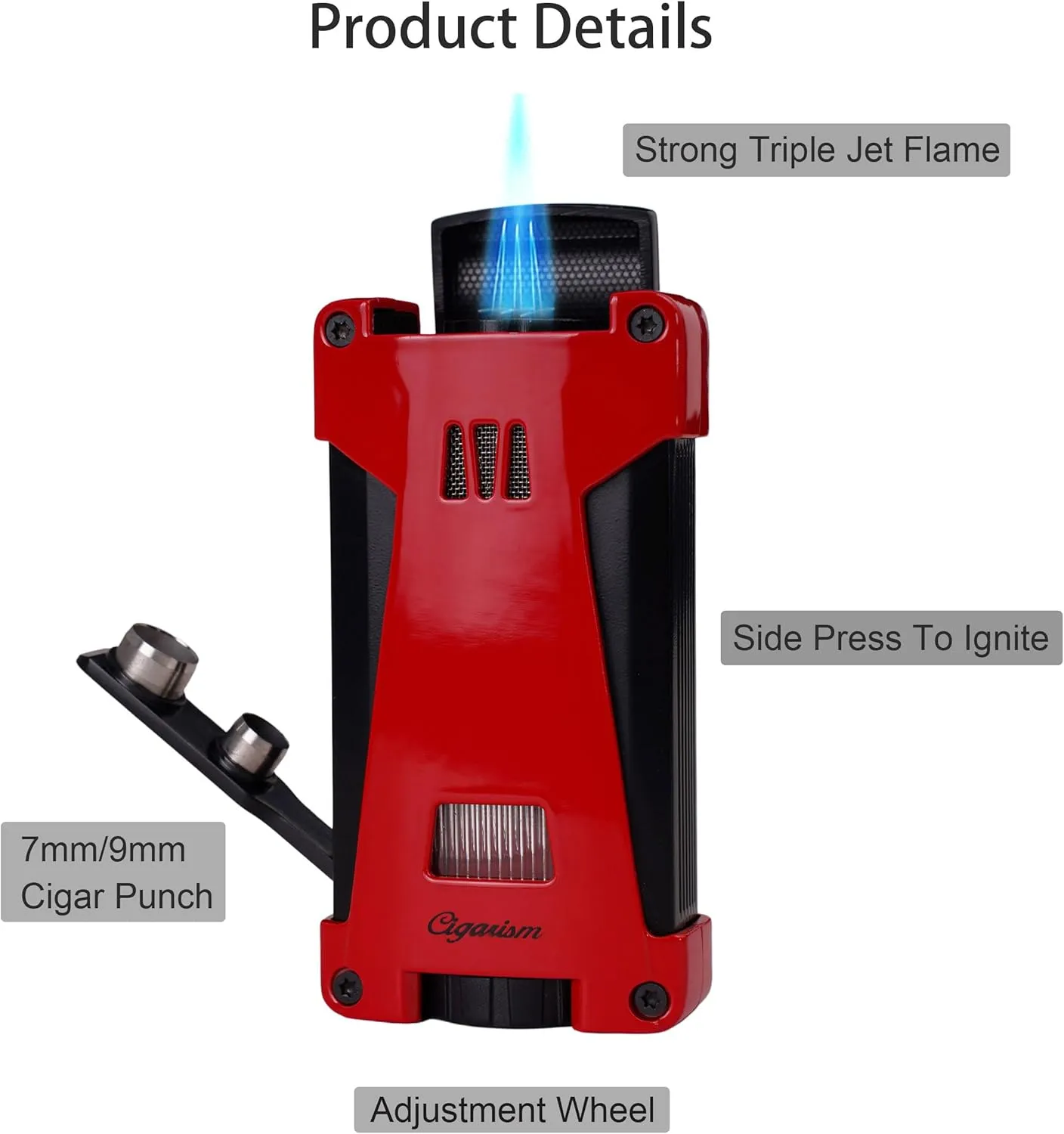 Cigar Lighter Triple Jet Flame Torch Lighter, Built-in 2 Cigar Punches, Windproof Concentrated Flames (Red)