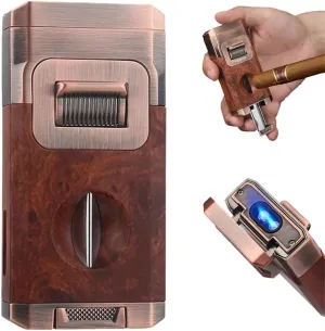 Cigar Torch Lighter, Built-in Cigar Cutter V Cut, Cigar Holder, with Classic Gift Box, Windproof Dual Jet Flame, Integrated Cigar Accessories, Butane Refillable Cool Lighters for Candle (A)